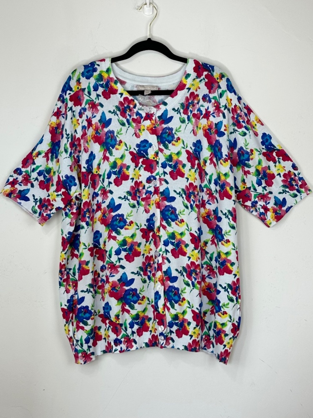 Woman Within Womens Short Sleeve Cotton Floral Cardigan 2X Boho Colorful